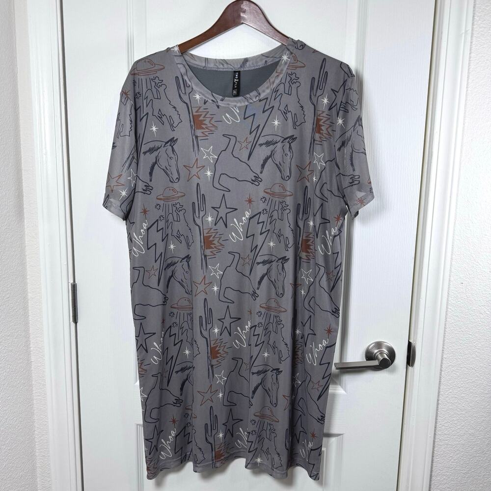 Two 2 Fly Cosmic Cowtown Mesh Lined Gray Dress Womenโs XL Cowgirl Western Whimsy